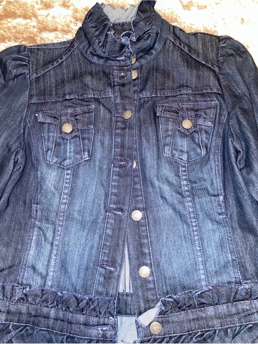 INC International Concepts Dark Blue Ruffle Collar Denim Jacket